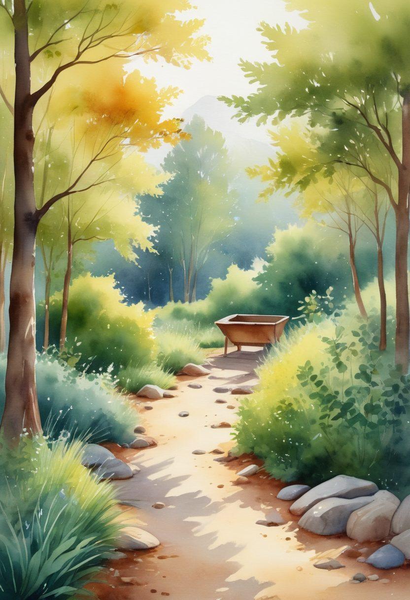 A serene landscape depicting a harmonious balance between nature and minimalism, featuring a tidy garden with lush greenery and a small composting area. The scene includes simple yet elegant tools laid out, embodying the principles of sustainability and simplicity. Soft sunlight filters through the trees, casting gentle shadows, while a clear stream flows nearby, symbolizing purity and efficiency. Nature elements intertwine with human-crafted simplicity. watercolor painting. warm color palette. soft focus.