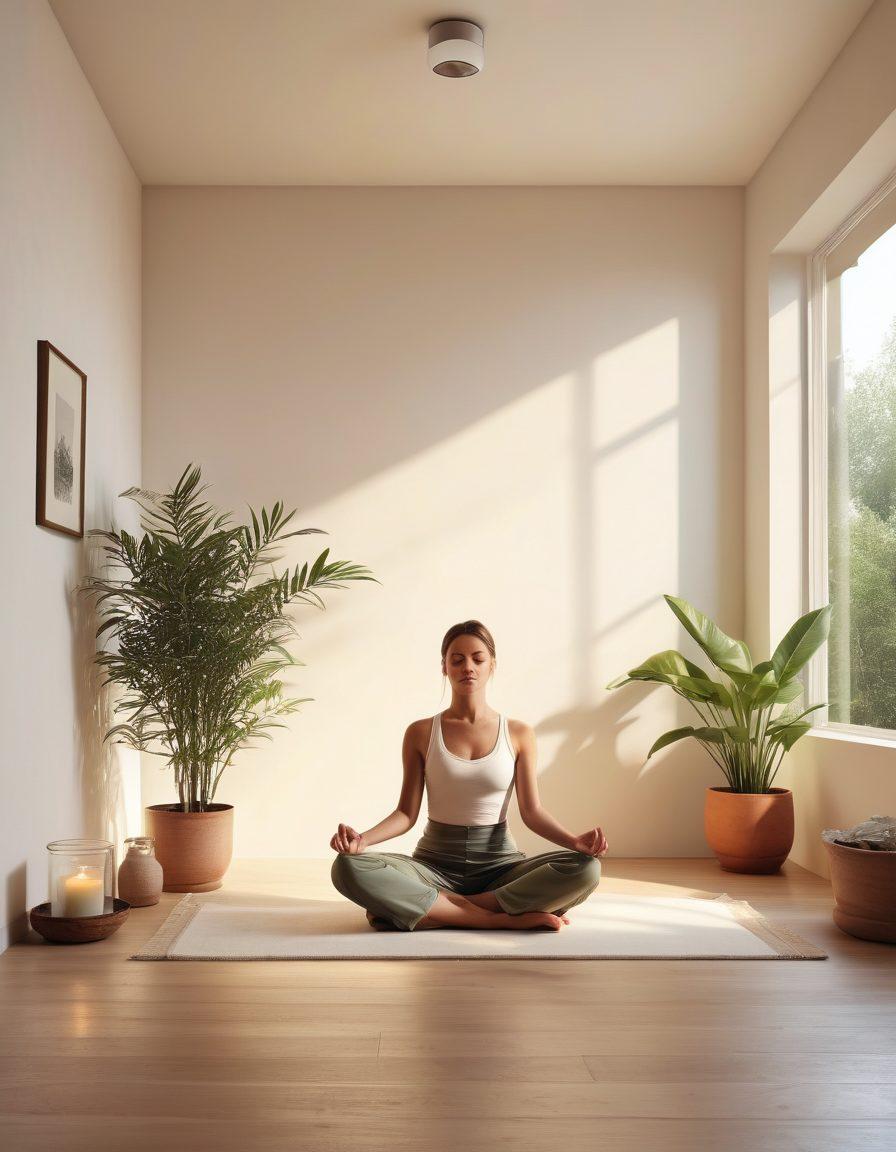 A serene minimalist space showcasing a person meditating in a sunlit room, surrounded by nature, with only a few essential items around them. Incorporate elements that symbolize tranquility and simplicity, like a small plant and a single candle. The overall ambiance should evoke calmness and peace, illustrating the concept of 'less is more.' soft colors. super-realistic. natural lighting.