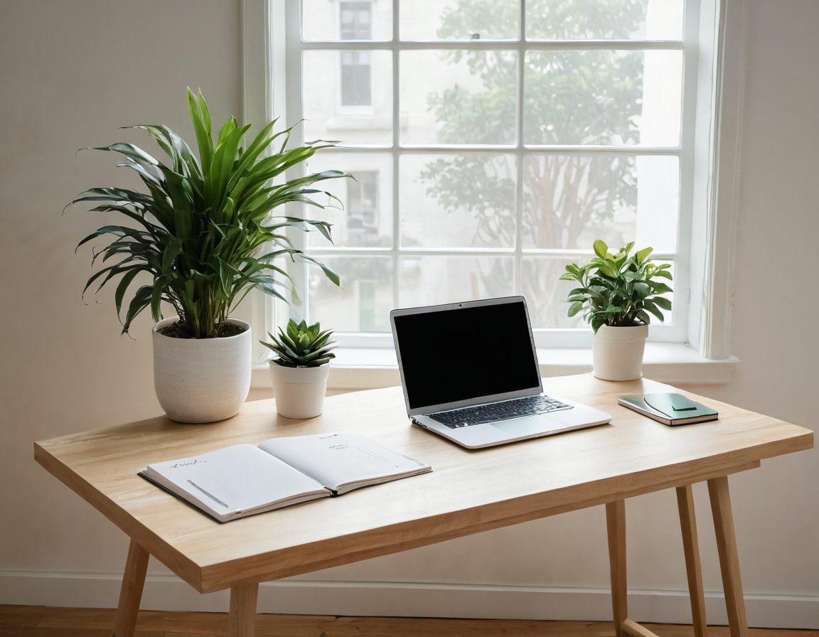 A serene minimalist workspace featuring a clean desk with only a laptop, a potted plant, and a single notepad. Soft natural light filters through a large window, casting gentle shadows. In the background, a simple wall art piece embodies the philosophy of 'Less is More'. The color palette is soothing with whites and greens. super-realistic. vibrant colors. white background.